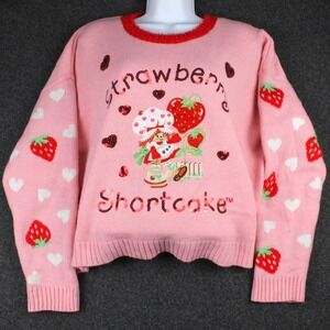 Strawberry Shortcake Sweater Women XL Pink Graphic Cute Sequin Spellout